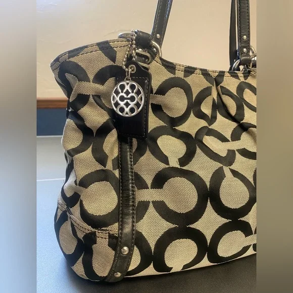 Coach Signature Canvas Tote Black Khaki with Leather Trim Style 16233 - Picture 3 of 9